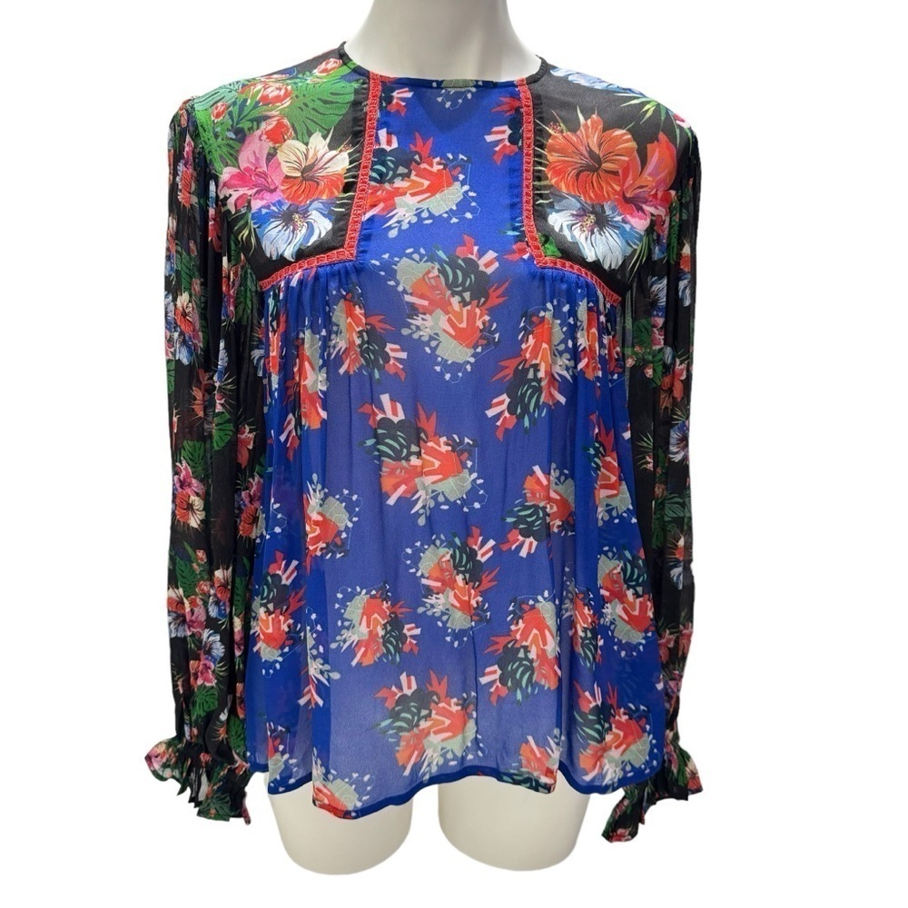 Anthropologie Bl^nk London Miranda Peasant Blouse Floral Eclectic Sz XSmall Blue - Picture 5 of 10